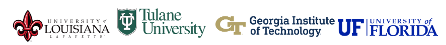 Logo banner with the University of Louisiana at Lafayette, Tulane University, Georgia Tech, and the University of Florida. 